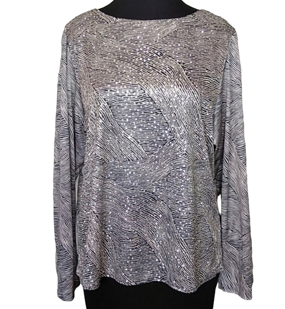 Boston Maid Womens Large Vintage Zebra Print Glitter Blouse Metallic Black White